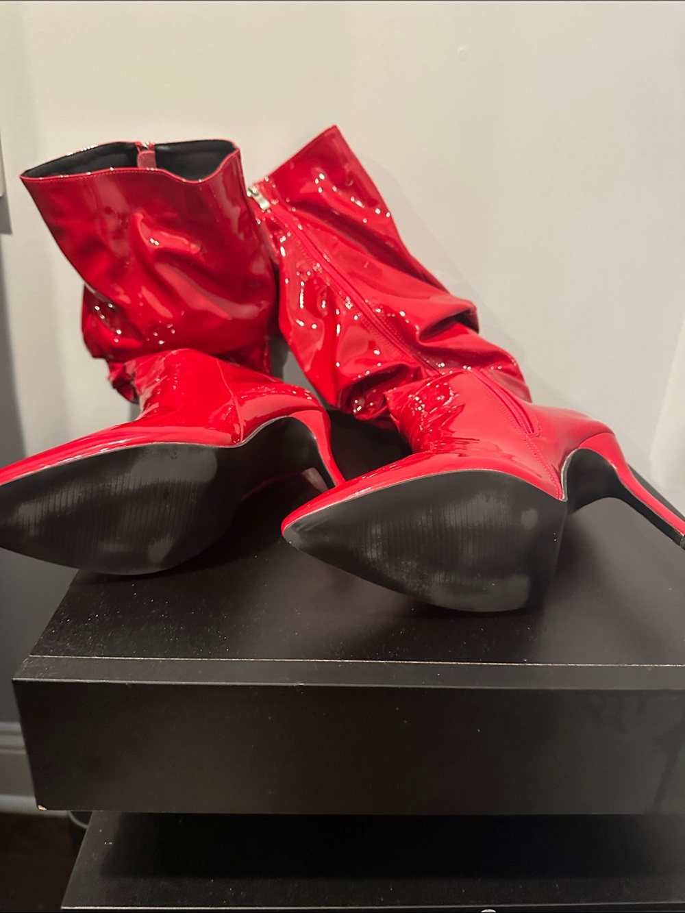 Patent Red Knee-High Stiletto Boots - Women's Fashion Boots - Picture 3 of 4
